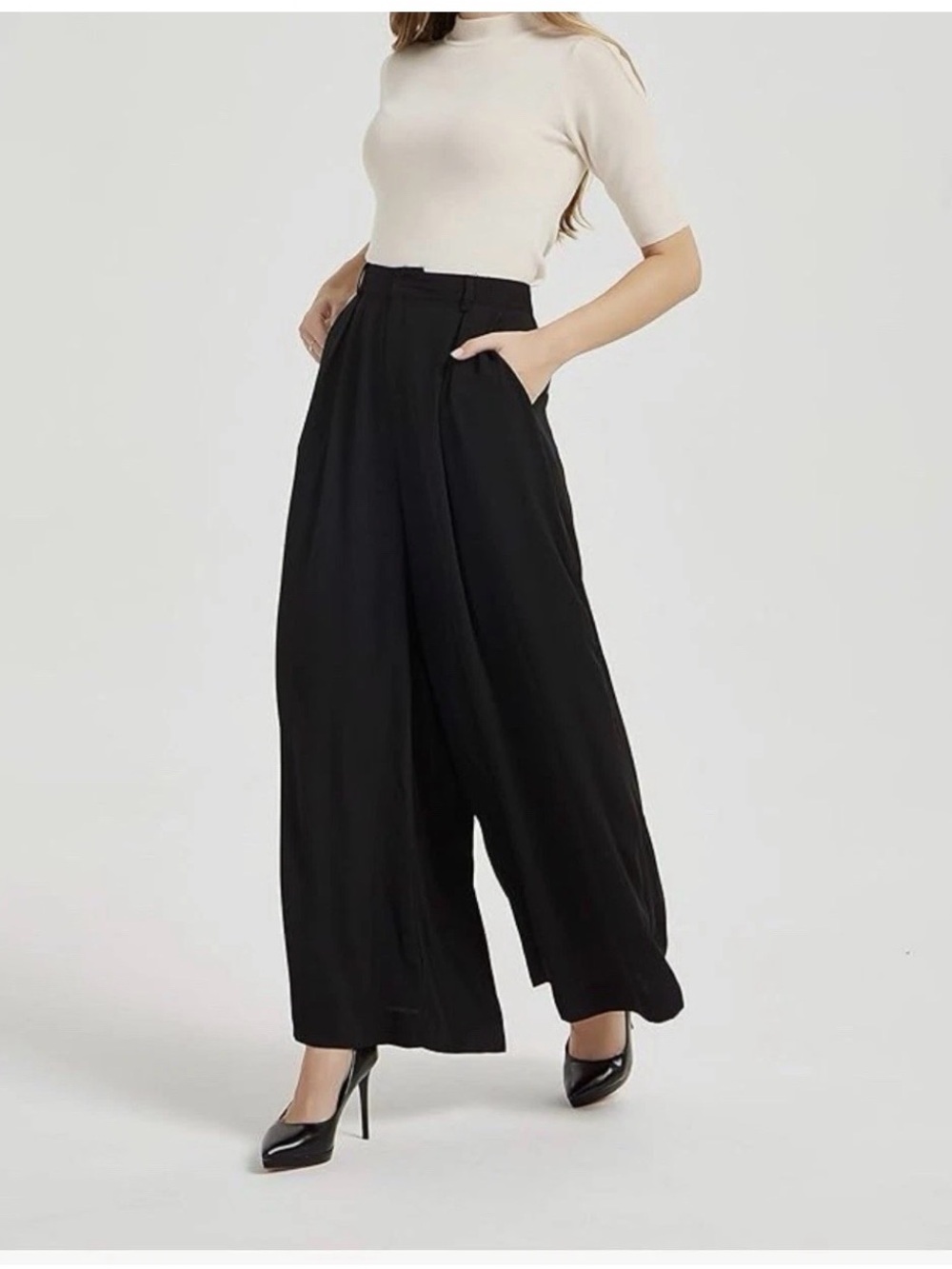 Tronjori Business Casual High Waist Wide Leg Palazzo Long Pants Black Sz Small